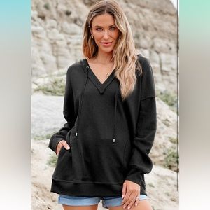 Women Hoodies Oversized Sweater Vneck Waffle Knit